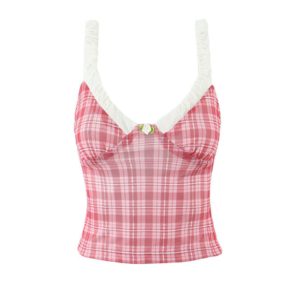 Pink plaid patchwork V-neck small tank top for women+high waisted slim fit sexy shorts two-piece set