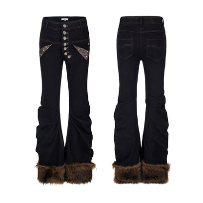 Bent blade pleated splicing slim fit flared jeans for women | MuddyStock Originals