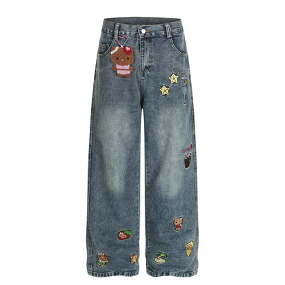 Kitty cat embroidered vintage jeans for women Blue