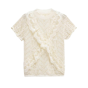 Round neck short sleeved jacquard mesh hollowed out T-shirt top for women | MuddyStock Originals beige
