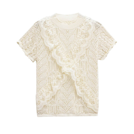 Round neck short sleeved jacquard mesh hollowed out T-shirt top for women | MuddyStock Originals beige MuddyStock