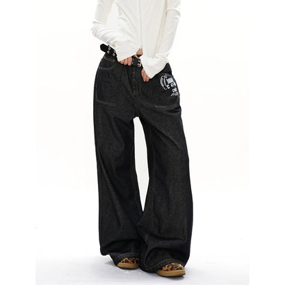 Straight Leg Wide Leg Jeans for Women, Solid Color Print,Street Retro Style, Casual Long Pants