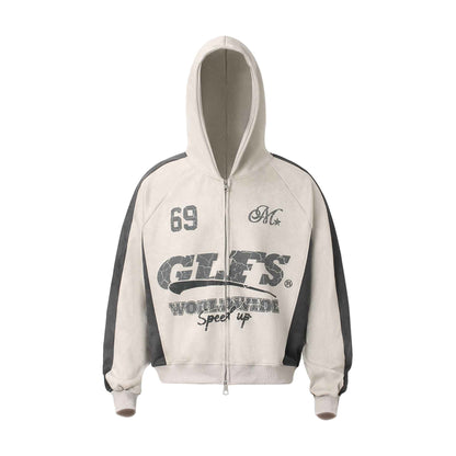 Retro Patchwork Printed Loose Fit Hooded Zip-Up Sweatshirt For Men And Women | MuddyStock Originals Apricot MuddyStock