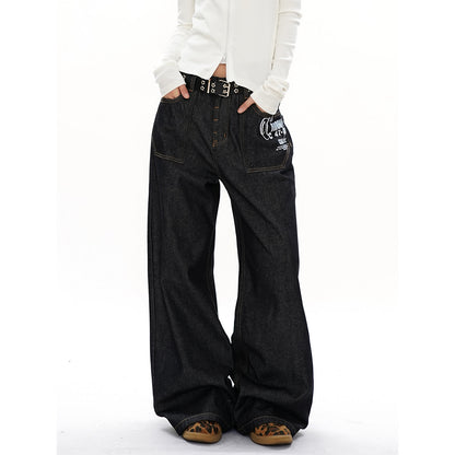 Straight Leg Wide Leg Jeans for Women, Solid Color Print,Street Retro Style, Casual Long Pants