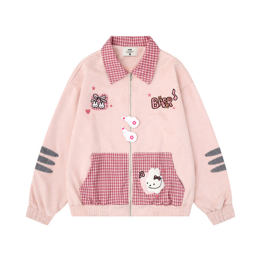 Plaid Patchwork Cartoon Rabbit Lapel Zipper Women's Jacket | MuddyStock Originals Pink