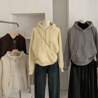 Omalai Half-Zip Hooded Pullover Sweatshirt Women Loose Thick Fleece Long Sleeve Solid Color Top Real Shot eprolo