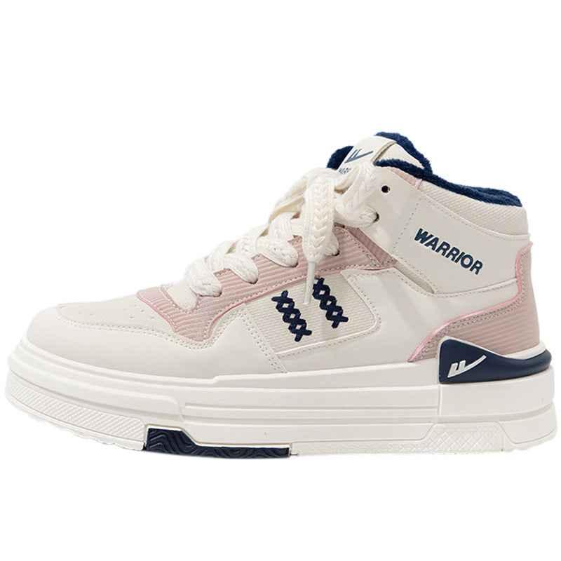 Color blocked high cut thick soled shoes for women Beige Pink Blue (Fleece-lined version)