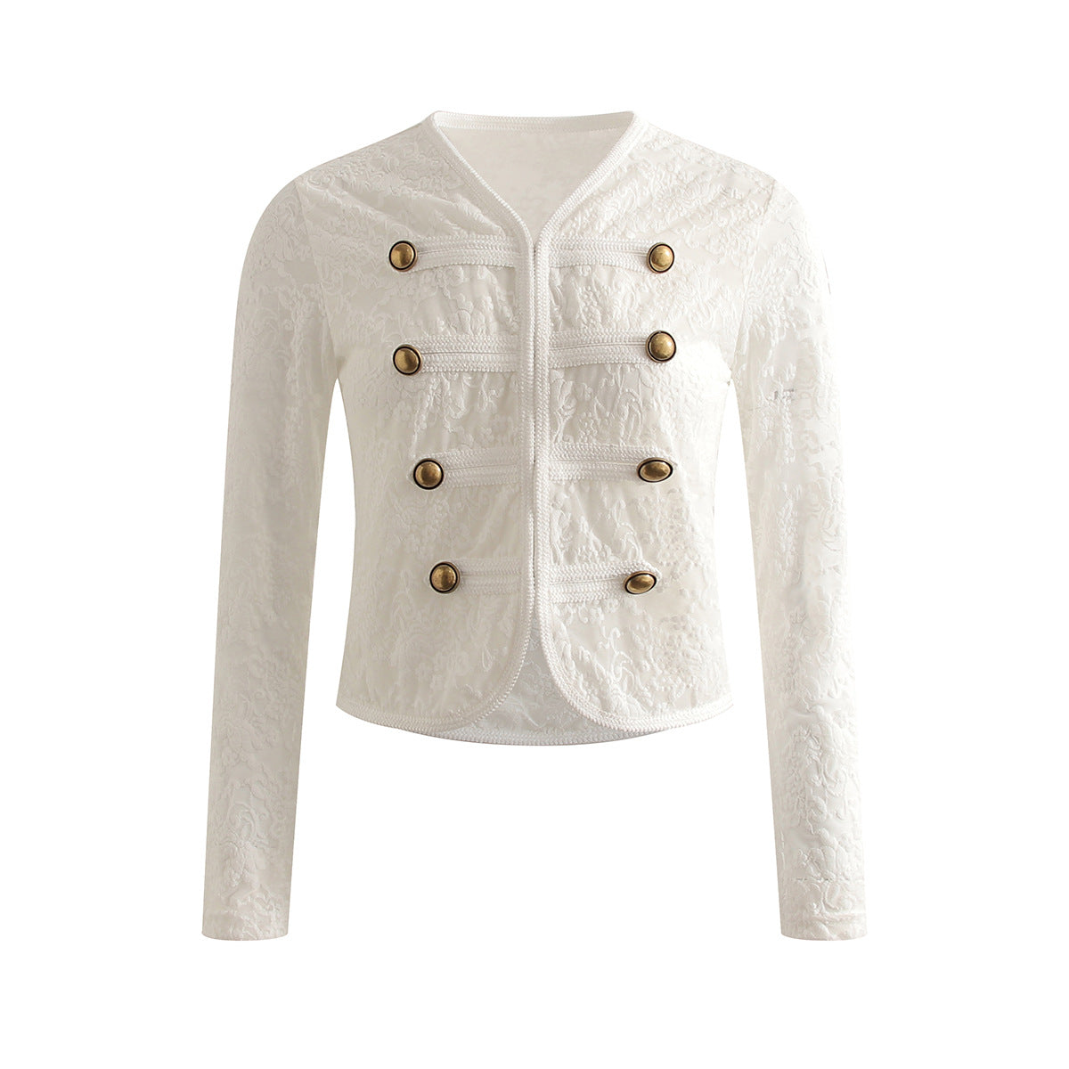 Elegant Napoleon Collar Lace Long Sleeve Short Crop Jacket White