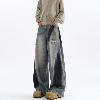 Men's American-style Splash-ink Ripped Machete Jeans Blue MuddyStock