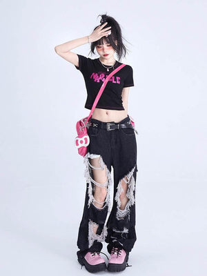 Tassel Design Floor Mop Pants Black