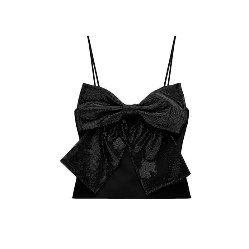 Sleeveless Rhinestone Bowknot Decoration Short Strap Top Black MuddyStock