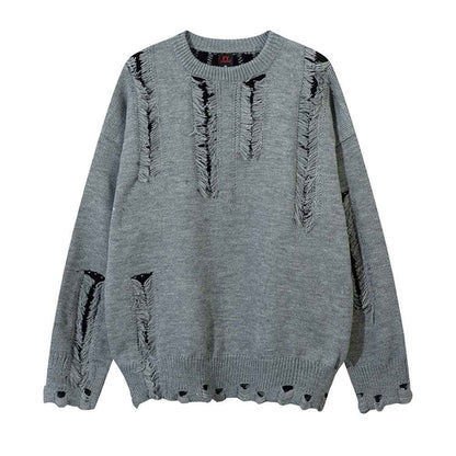 Irregular Damaged Cat Beard Round Neck Sweater For Men And Women Gray MuddyStock All Products