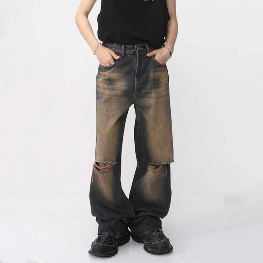 Men's Retro Distressed Rust Earthy Hole Raw Hem Jeans MuddyStock