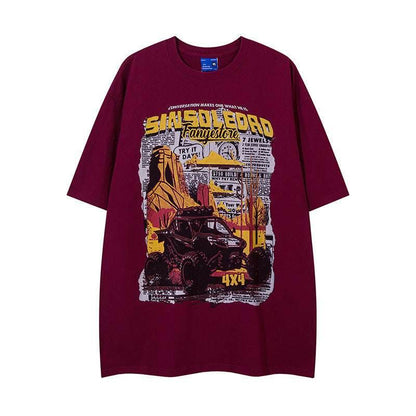 Retro Cartoon Pattern Car Short Sleeve For Men And Women Dark Red MuddyStock