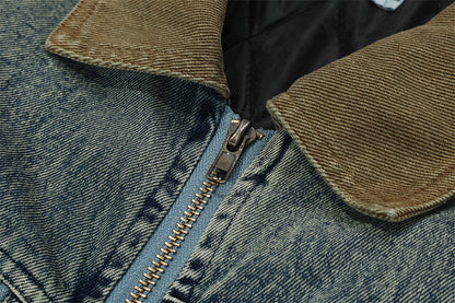 Color Stitching Turnover Neck Denim Jacket For Men And Women