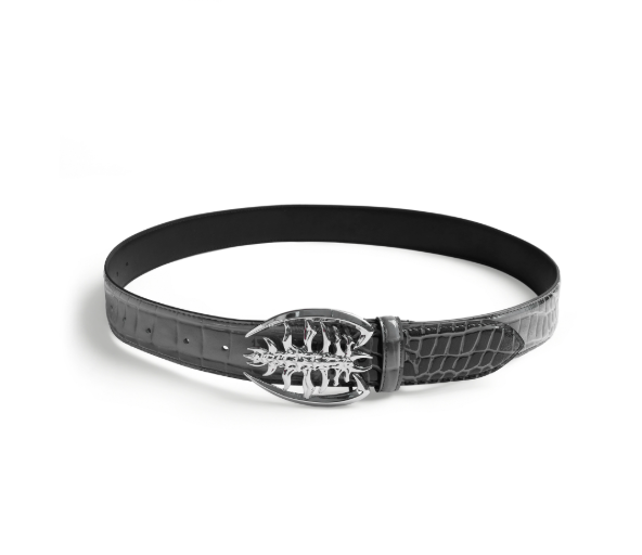 Metal Ribbed Buckle Niche Belt Gray 110cm