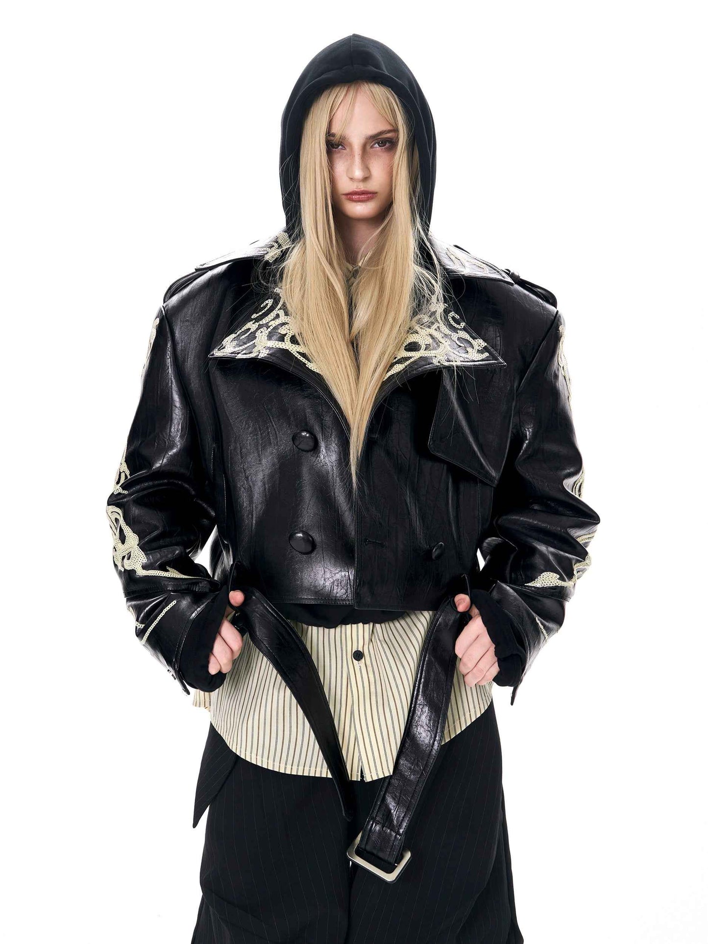 Sequins Cropped Leather Coat For Men And Women null
