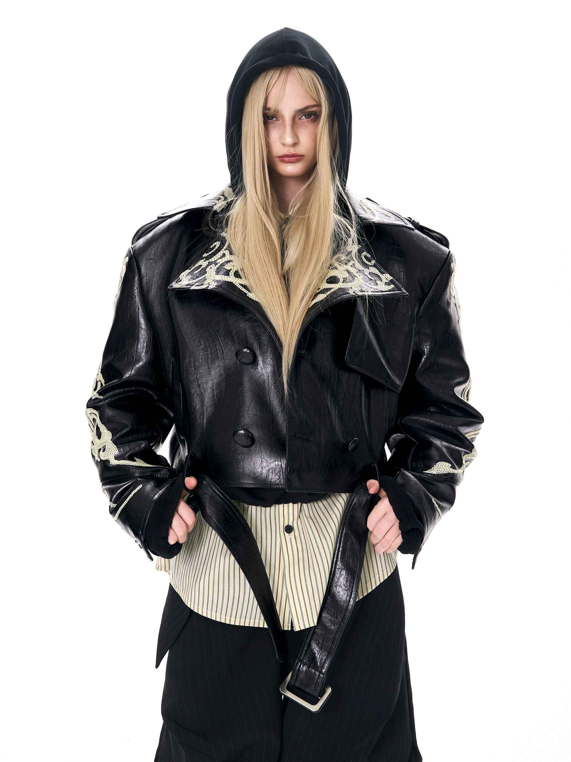 Sequins Cropped Leather Coat For Men And Women null