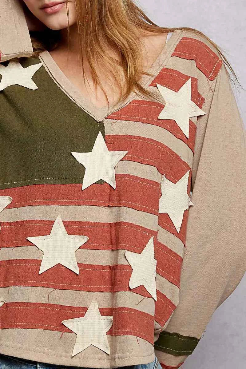 Double Gauze American Flag Patch V-Neck Long Sleeve T-Shirt For Women Trendsi