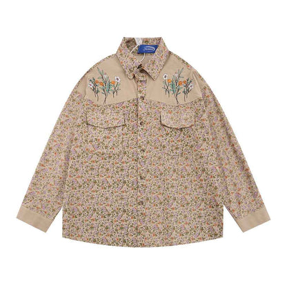 Floral Women's Loose Casual Long Sleeved Shirt Khaki