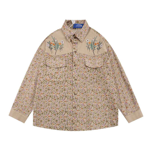 Floral Women's Loose Casual Long Sleeved Shirt Khaki