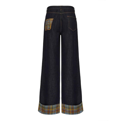 Retro Plaid Casual Straight-leg Wide Leg Jeans For Women Dark Blue MuddyStock