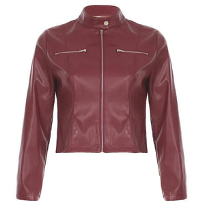 PU Leather Zipper Pocket Slim Fit Slimming Long Sleeve Jacket For Women Wine Red