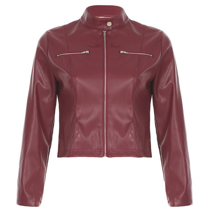 PU Leather Zipper Pocket Slim Fit Slimming Long Sleeves