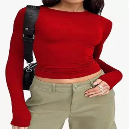 Women's Clothing Fashion Slim Long-sleeved Pullovers Tops Solid Causal Fit Shirts Color131 MuddyStock