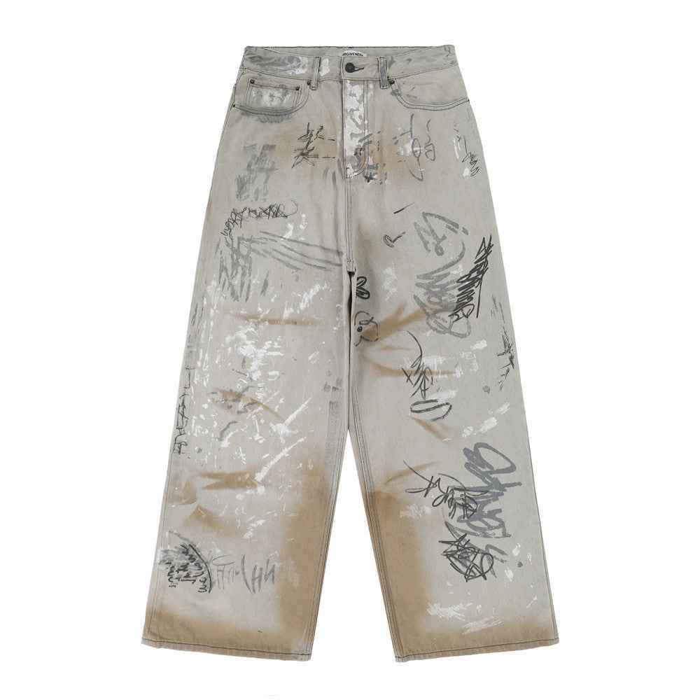Hand Painted Graffiti Worn Jeans For Men null