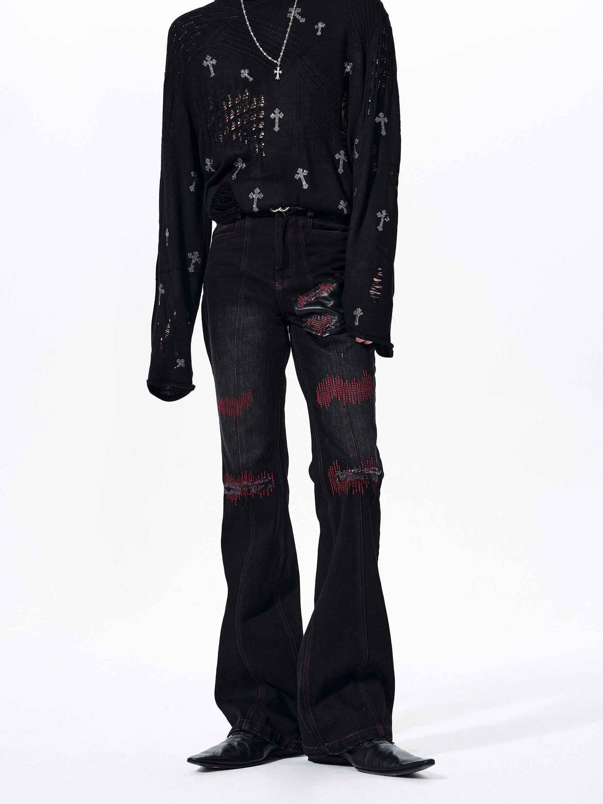 Flared Denim Men's Patchwork Straight-leg Pants