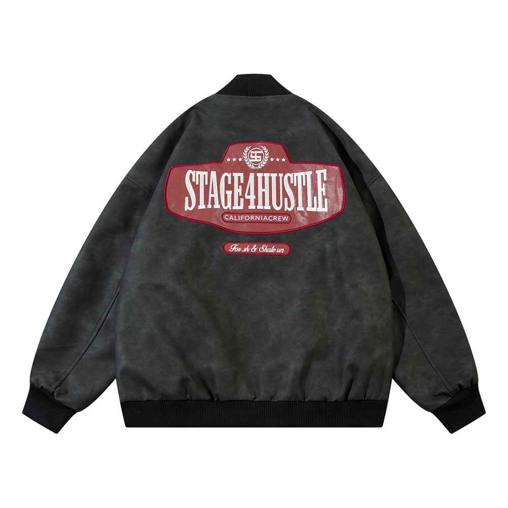 European And American-style Letter Affixed Cloth Embroidered Loose Pu Leather Baseball Jacket For Men And Women MuddyStock