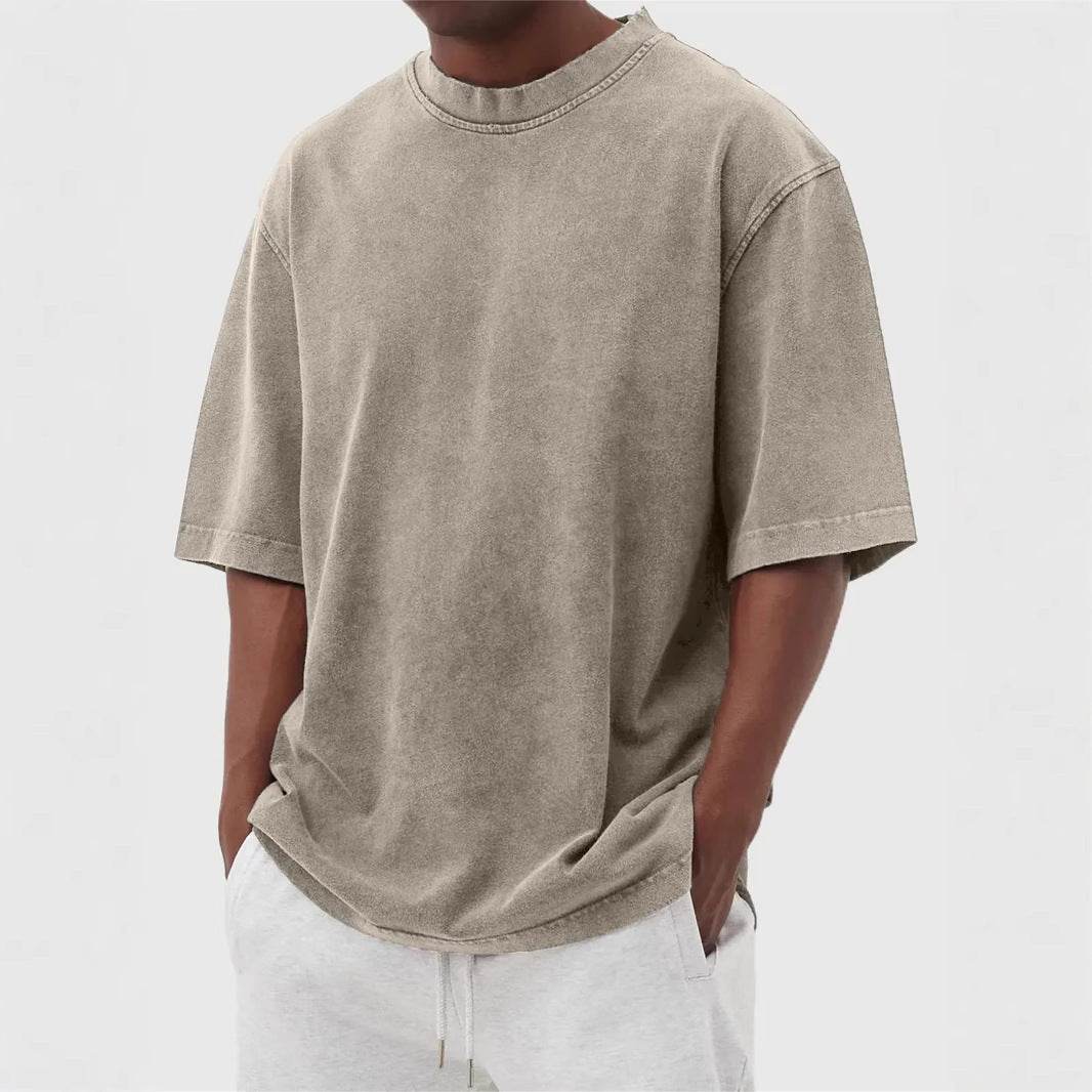 Men's Washed Fried Color Distressed Solid Color Pullover Short T-shirt MuddyStock