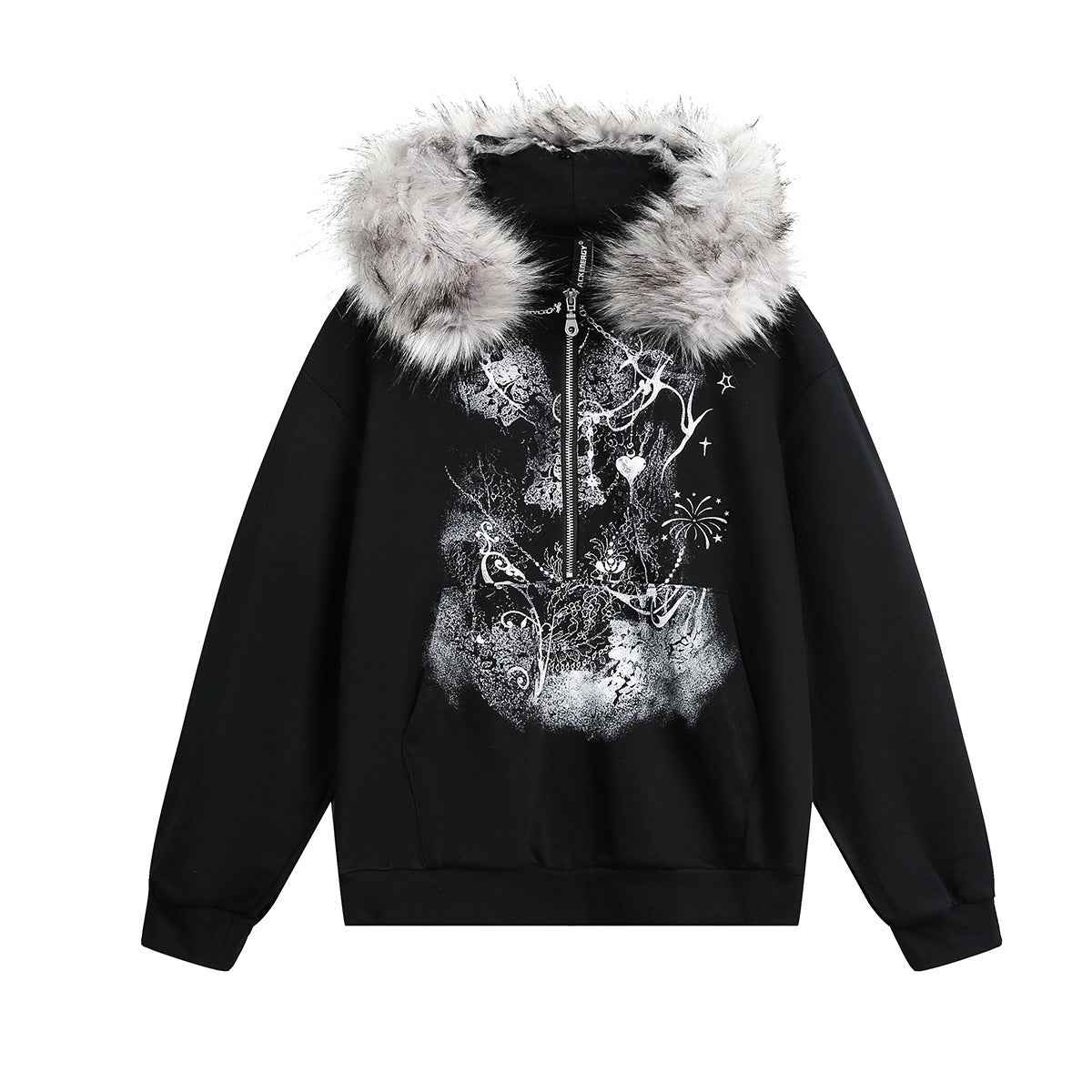 Fur Collar Coat Half-open Collar Stitching Zipper Hoodie For Women Black MuddyStock