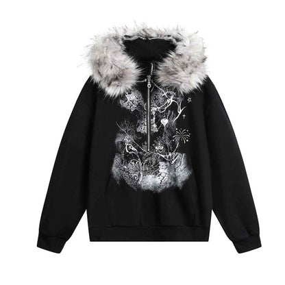 Fur Collar Coat Half-open Collar Stitching Zipper Hoodie For Women Black MuddyStock