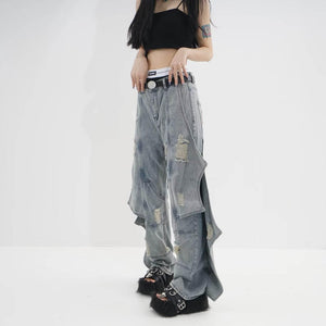 Washed Loose Straight Jeans For Women Light Blue