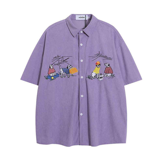 Cartoon Loose Short Sleeve Shirt For Men Purple