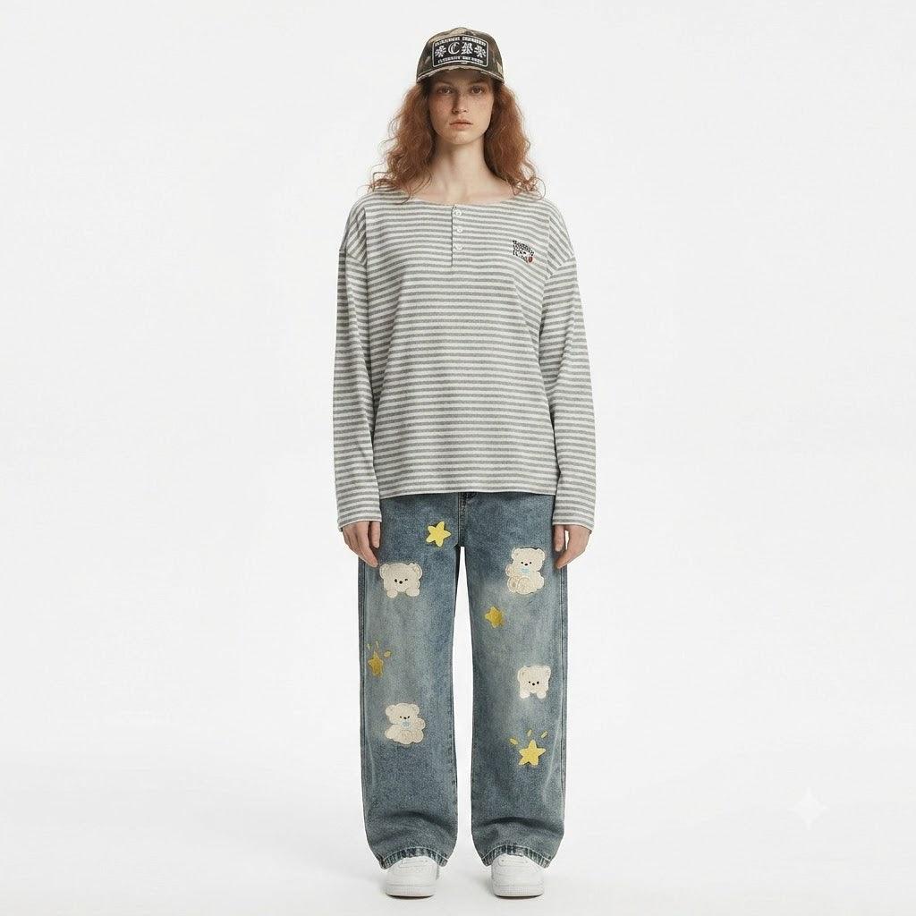 Casual Loose Fit Cartoon Embroidery Distressed Denim Pants For Women | MuddyStock Originals