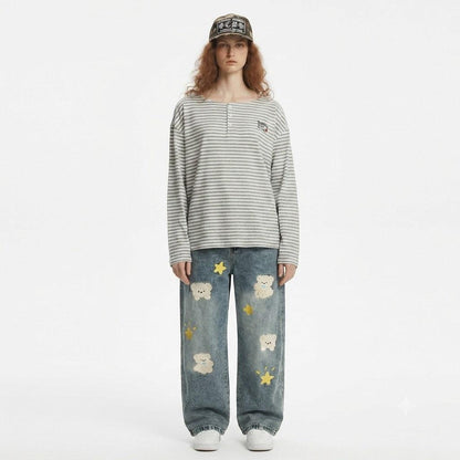 Casual Loose Fit Cartoon Embroidery Distressed Denim Pants For Women | MuddyStock Originals