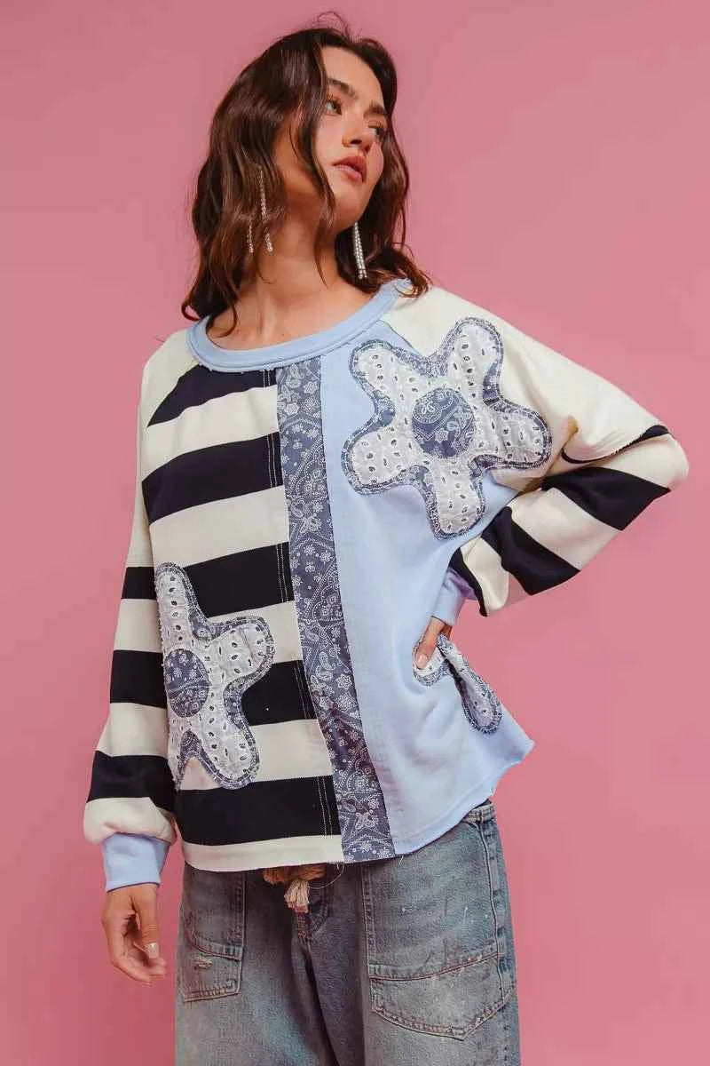 Patchwork Striped Round Neck Sweatshirt For Women BLUE MIX Trendsi