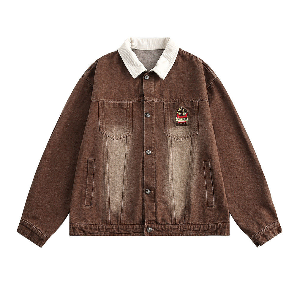 Retro Punk Washed And Worn Contrast Color Lapels Denim Jacket Coat For Women Brown MuddyStock null