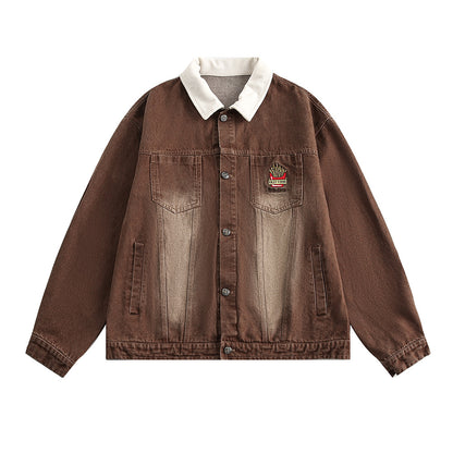 Retro Punk Washed And Worn Contrast Color Lapels Denim Jacket Coat For Women Brown MuddyStock null