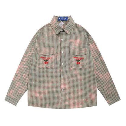 Plaid Tie-dyed Long-sleeved Shirt For Men Green null