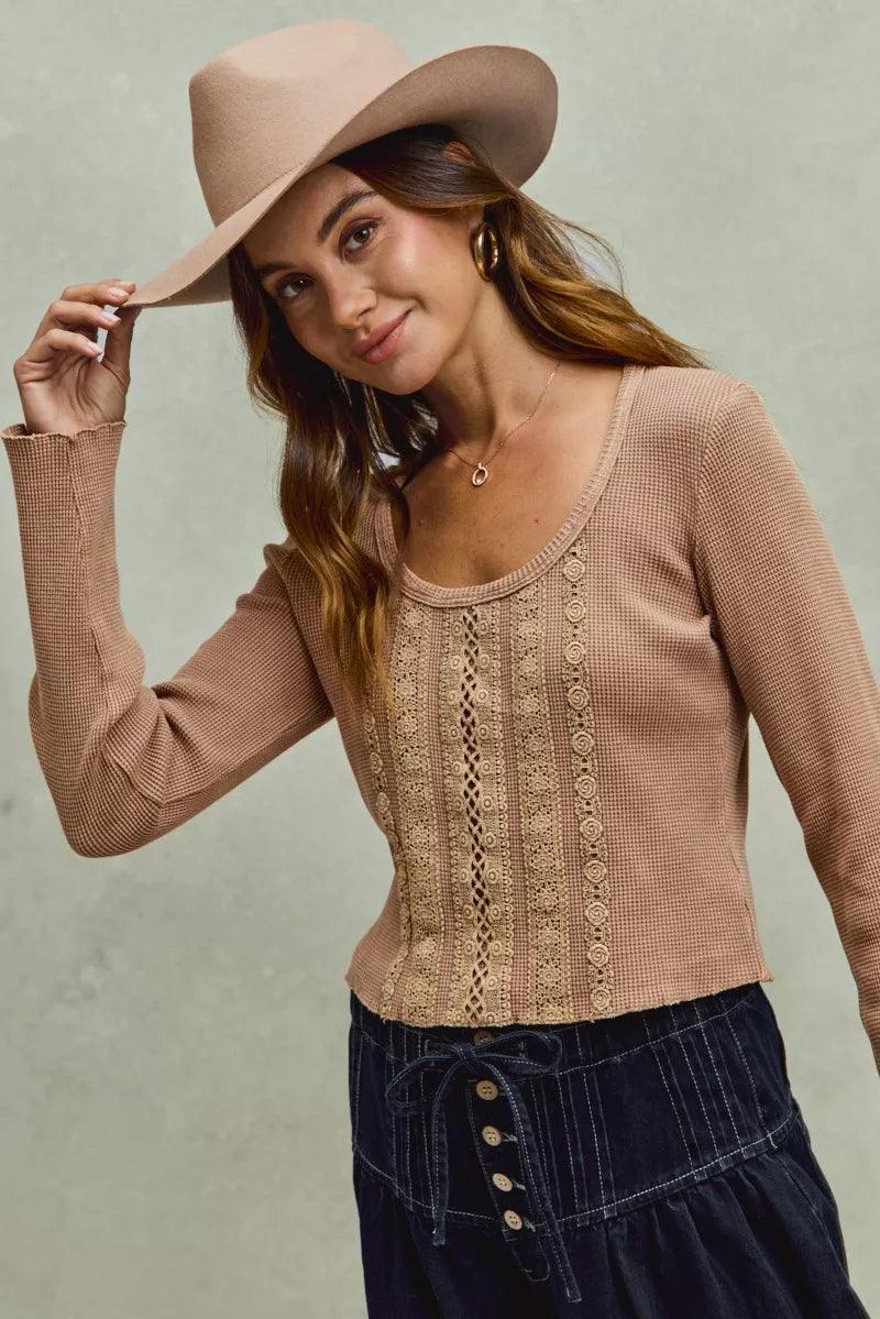 Vintage Washed Lace Crop Thermal Washed Knit Top