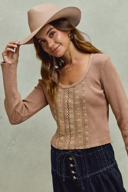 Vintage Washed Lace Crop Thermal Washed Knit Top