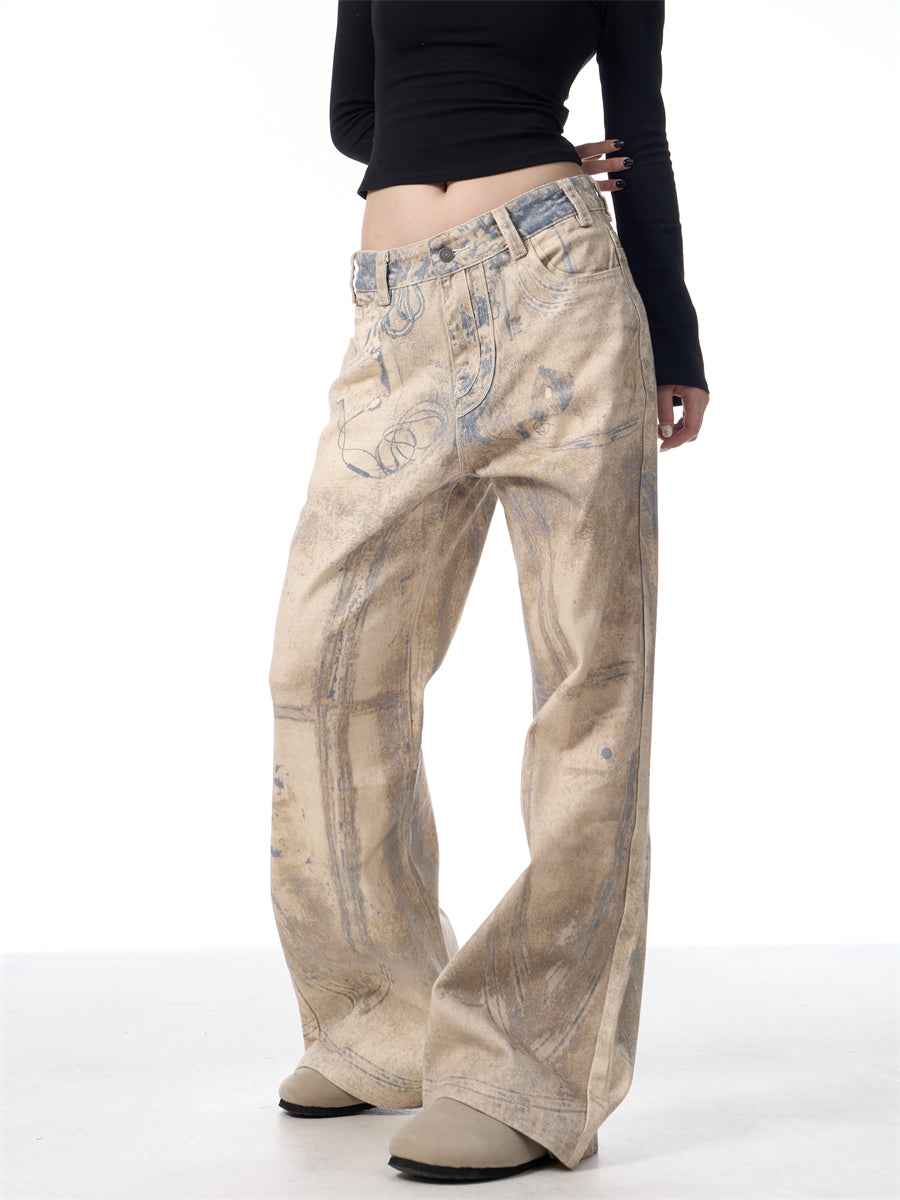 Retro Full Printed Washed Jeans For Men And Women MuddyStock