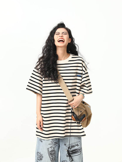 Retro Striped Short-sleeved T-shirt For Women MuddyStock