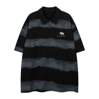 Letter Embroidery Stripe Half-Zip Flip Collar Short Sleeve T-Shirt For Men | MuddyStock Originals Black MuddyStock