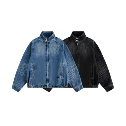 Streetwear Washed Faded Stand Collar Zipper Loose Denim Jacket For Men And Women | MuddyStock Originals MuddyStock