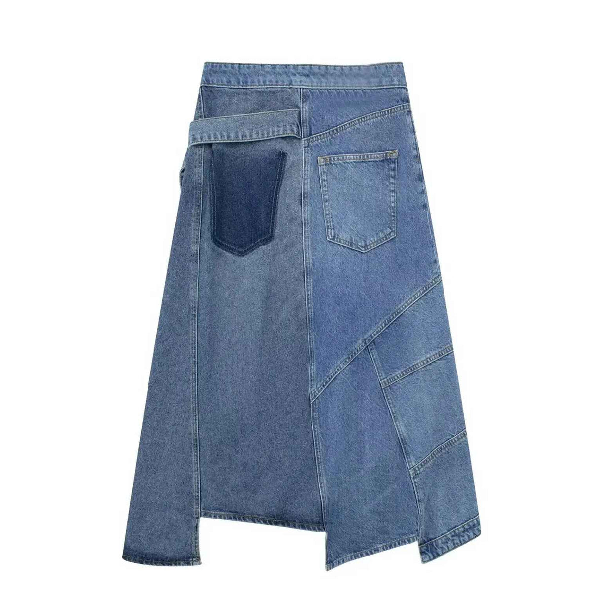 Vintage Blue Stitching Asymmetric Denim Skirt For Women | MuddyStock Originals
